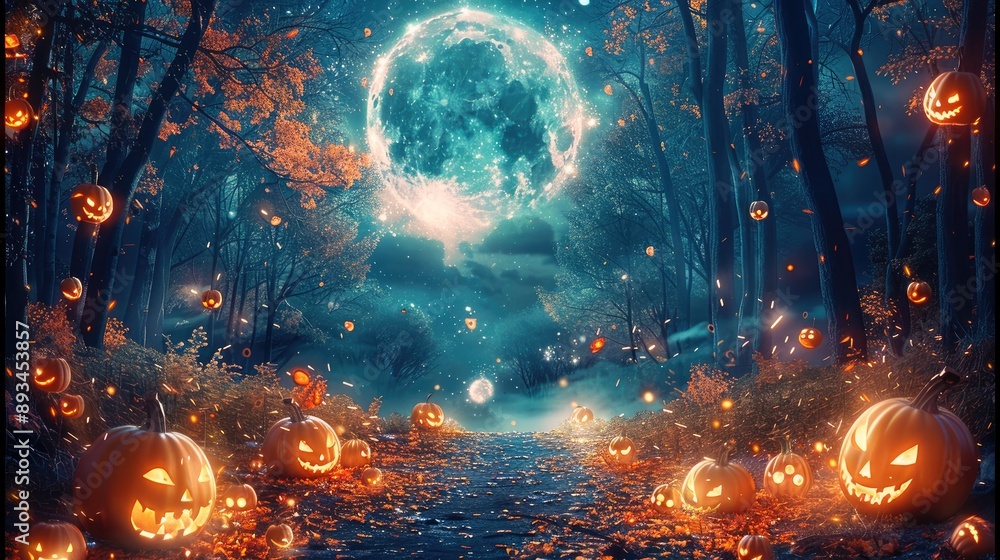 Obraz premium A full moon with glowing pumpkins and lanterns, set against an enchanted forest backdrop. The path leading to the pumpkin patch is illuminated by light from various. Generative AI.
