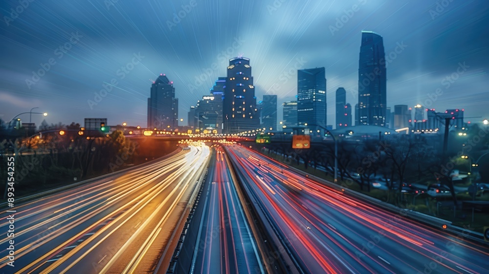 Timelapse of highway traffic with city skyline in the background. The long exposure captures the dynamic light trails of vehicles. A modern urban landscape. Generative AI. Timelapse of highway traffic with city skyline in the background. The long exposure captures the dynamic light trails of vehicles. A modern urban landscape. Generative AI.