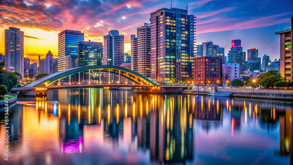 Fototapeta premium Vibrant cityscape of Tokyo's iconic bridge at dusk, with sleek skyscrapers and neon lights reflecting off the calm waters of Sumida River.