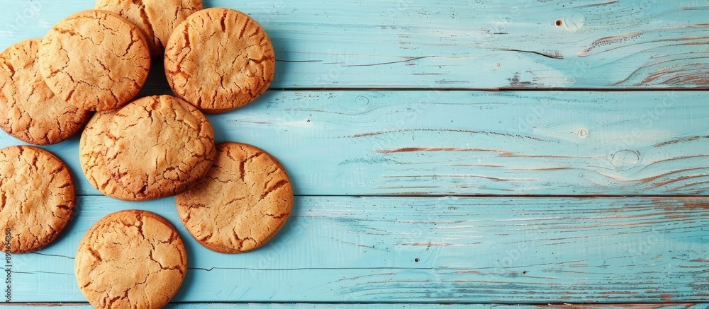 Fototapeta premium Light blue wooden planks backdrop featuring ginger cookies with ample copy space image
