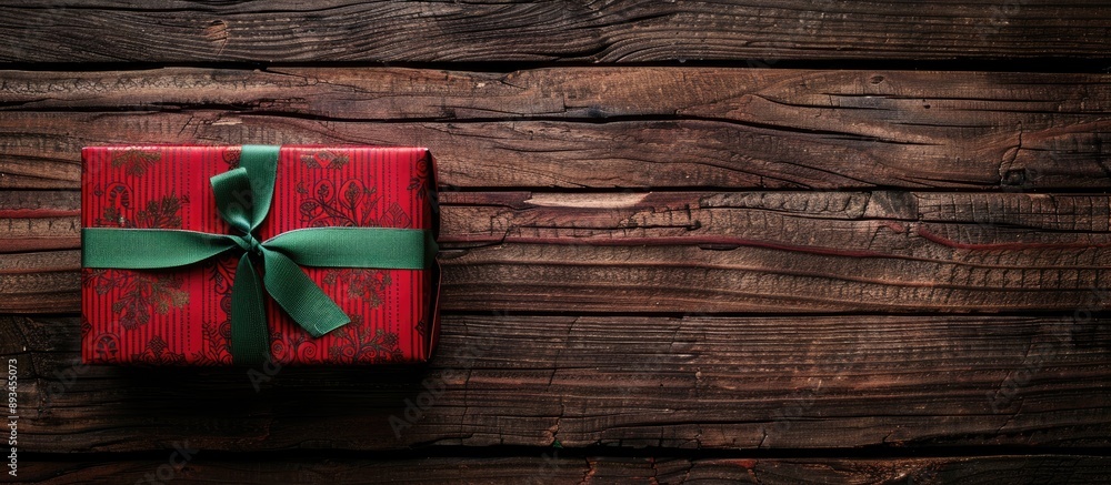 A solitary red gift box with a festive green ribbon displayed on a rustic wooden backdrop with ample copy space image