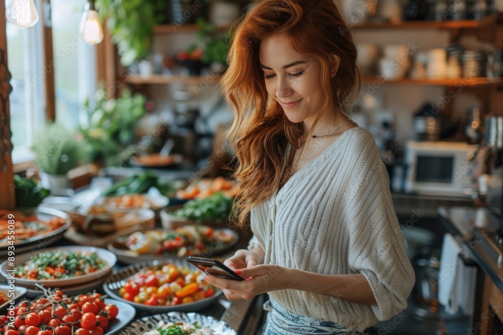 Fototapeta premium A red-haired young woman smiles while looking at her phone in a brightly-lit, vegetable-filled kitchen, all while emanating joy and culinary enthusiasm.
