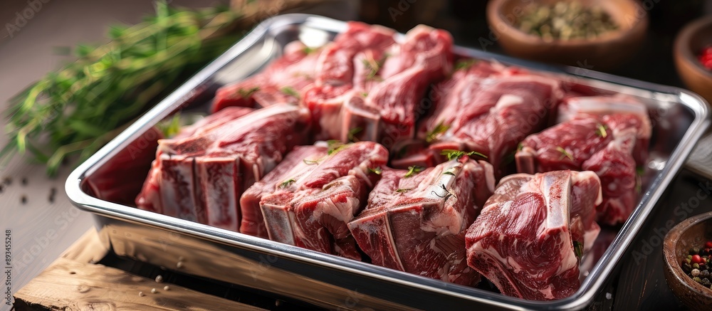 A stainless pan displays a high quality Japanese ox tail showcasing its freshness on a copy space image A stainless pan displays a high quality Japanese ox tail showcasing its freshness on a copy space image