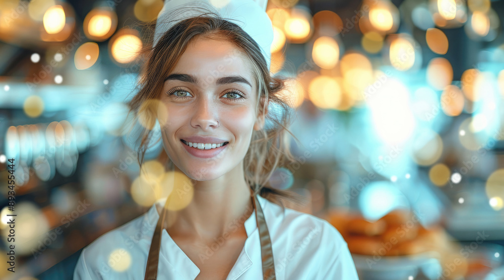 Young waitress with blurry restaurant in background. Generative AI. Young waitress with blurry restaurant in background. Generative AI.