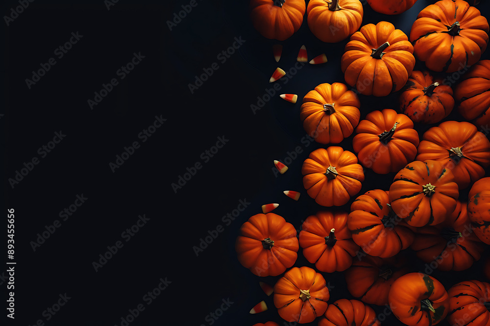 Photo of various pumpkins arranged as a border on a black background, dedicated to Halloween. The empty center is left for text, creating a spooky and festive theme. The pumpkins are decorated and sty Photo of various pumpkins arranged as a border on a black background, dedicated to Halloween. The empty center is left for text, creating a spooky and festive theme. The pumpkins are decorated and sty