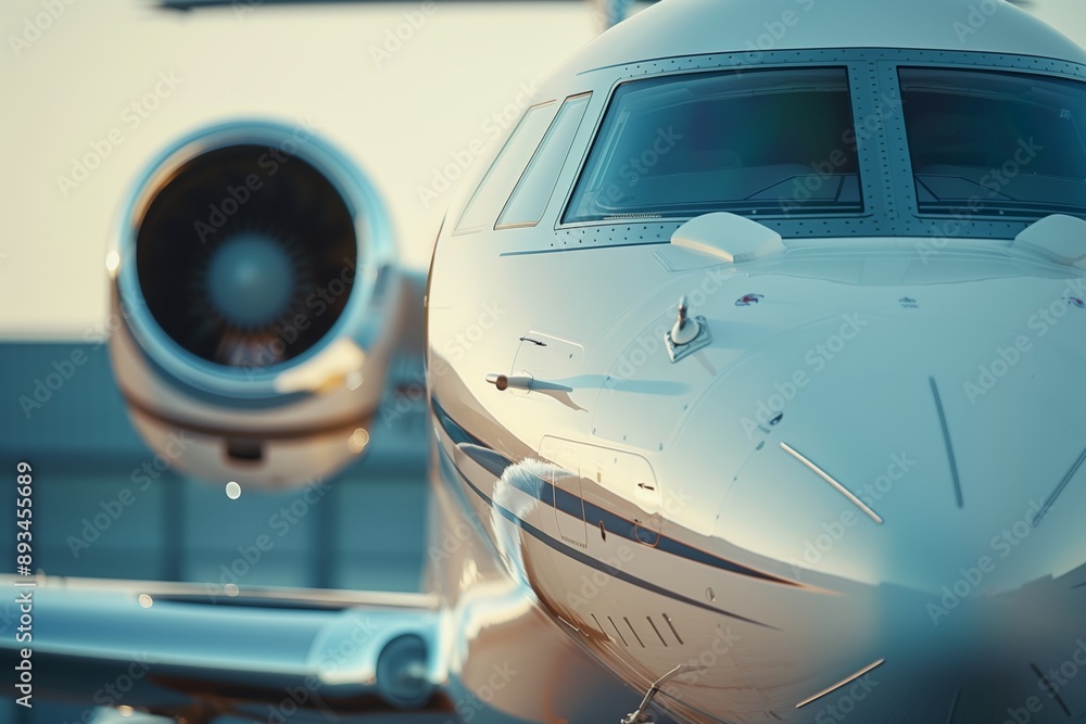 Fototapeta premium Close-up of business jet parked outside, sleek aircraft design, luxurious exterior