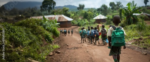 Group of African children walk along dirt path through lush, rural village, wearing school backpacks. Concept of volunteer movement, donations, charity and help photo