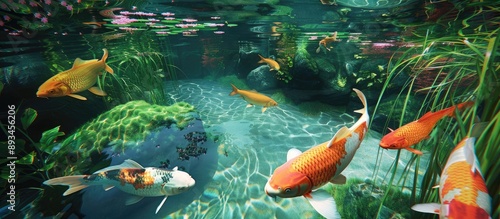 Clear pond with golden carp...