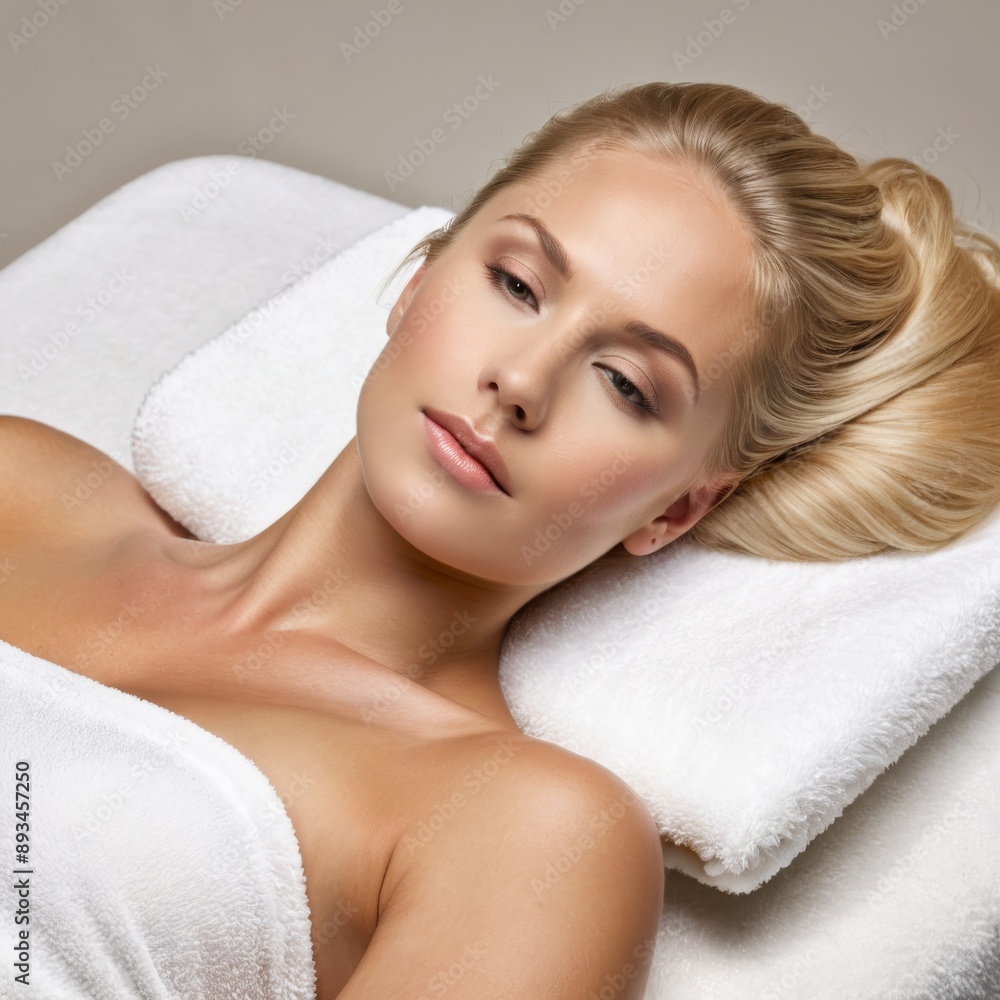 Photo of young beautiful woman with clear glowing skin on massage table for advertising cosmetics, medicine, healthy lifestyle, makeup, beauty salon. Photo of young beautiful woman with clear glowing skin on massage table for advertising cosmetics, medicine, healthy lifestyle, makeup, beauty salon.
