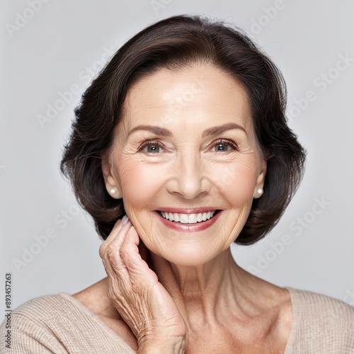 Photo of well-groomed elderly beautiful woman with clear skin for advertising cosmetics, medicine, healthy lifestyle, makeup, beauty salon, social benefits.