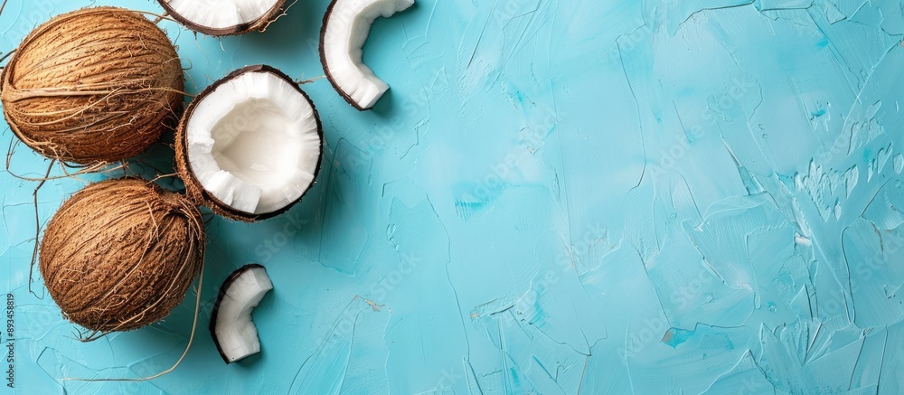 A flat lay setup displaying fresh coconut halves on a blue background with room available for text in the image. with copy space image. Place for adding text or design A flat lay setup displaying fresh coconut halves on a blue background with room available for text in the image. with copy space image. Place for adding text or design