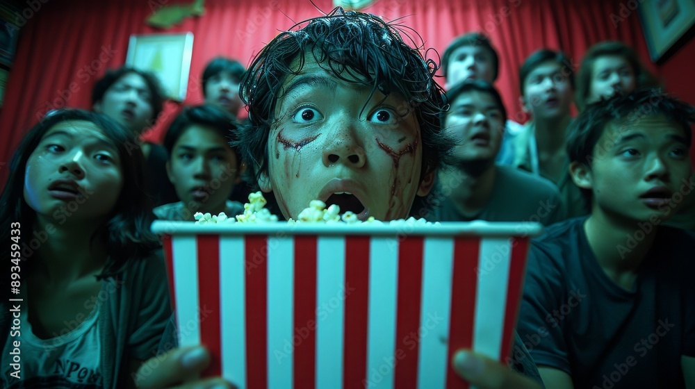 Shocked young boy with messy hair and popcorn, surrounded by friends with varied expressions, Concept of surprise, group dynamics, and entertainment Shocked young boy with messy hair and popcorn, surrounded by friends with varied expressions, Concept of surprise, group dynamics, and entertainment