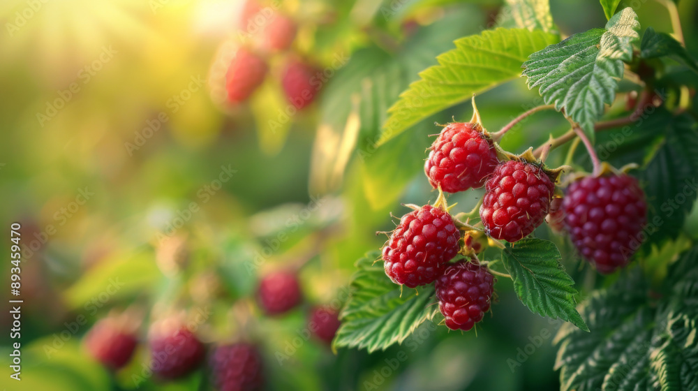 A close-up shot of ripe, red raspberries hanging from a vine in a sunlit garden setting. A close-up shot of ripe, red raspberries hanging from a vine in a sunlit garden setting.
