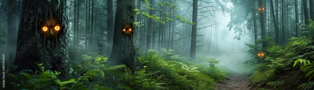Eerie dark forest path with glowing eyes in the trees, creating a mysterious atmosphere Eerie dark forest path with glowing eyes in the trees, creating a mysterious atmosphere
