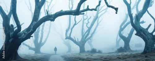 Eerie fog-covered forest with twisted trees and shadowy figures