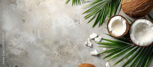 Top view of coconut products displayed on a concrete background with ample copy space image