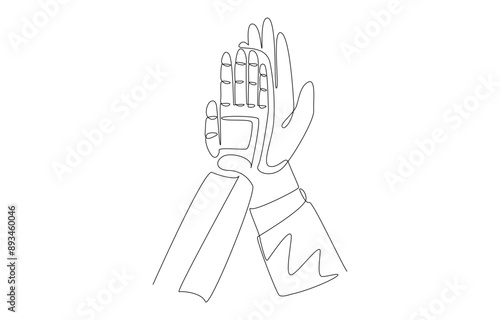Continuous one line drawing of businessperson giving high five gesture with robot, collaboration between human and AI technology concept, single line art.