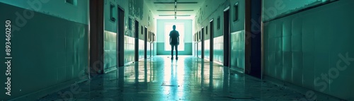 Mysterious silhouette in an eerie abandoned asylum hallway