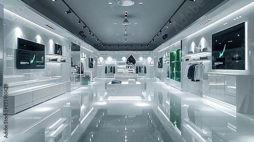 White and green clothing store with black monitors hanging in the background. modern and minimal style for the interior. Generative AI.