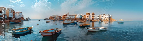 Colorful Boats Docked in Front of a Coastal Town - Photo