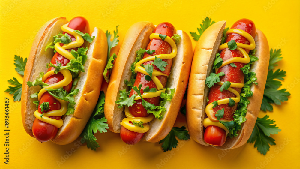Vibrant yellow background showcases three loaded hot dogs adorned with generous helpings of mustard, juicy tomatoes, and fresh herbs, tempting the viewer's taste buds. Vibrant yellow background showcases three loaded hot dogs adorned with generous helpings of mustard, juicy tomatoes, and fresh herbs, tempting the viewer's taste buds.