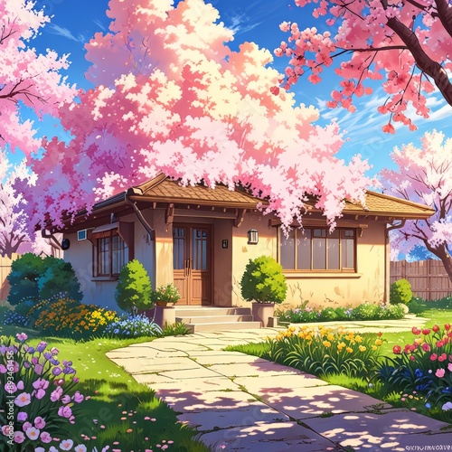 A delightful anime-style house nestled in a vibrant spring garden, full of life and color. The house features a quaint, storybook design with a thatched roof and pastel-hued walls, surrounded by a rio