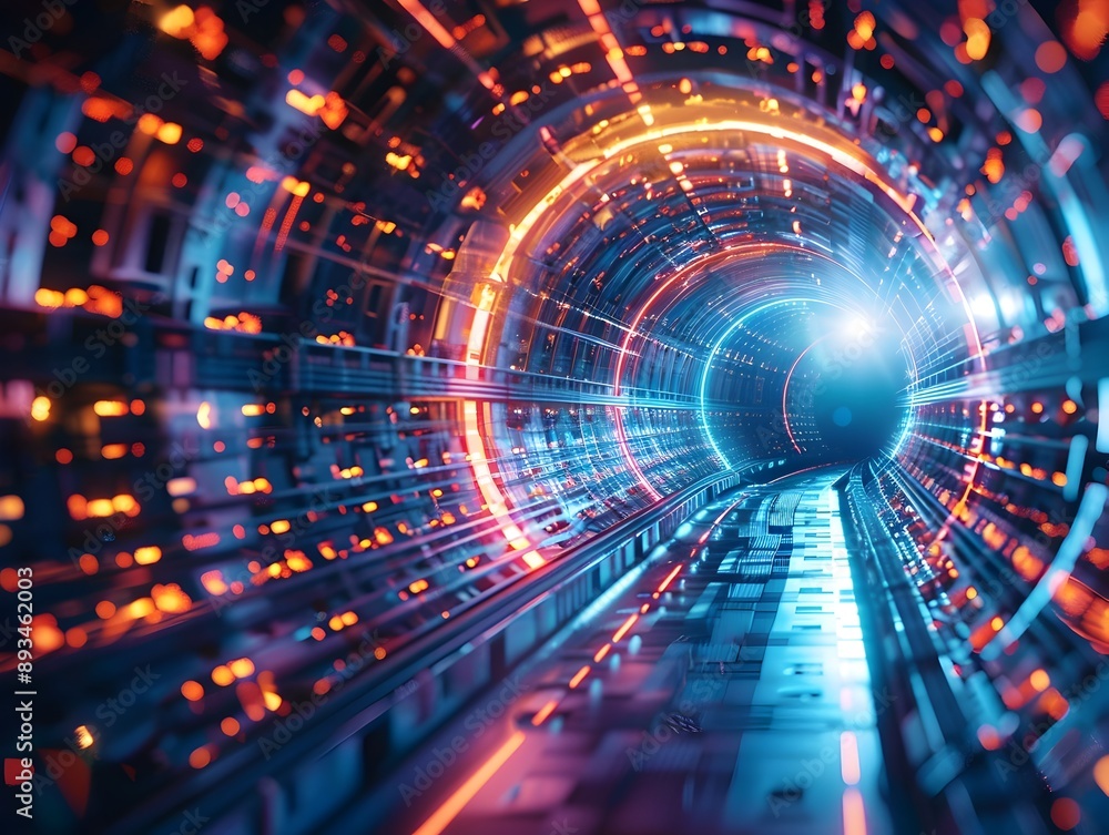 Fototapeta premium Glowing Cyber Tunnel with Dynamic Visual Effects Futuristic Technology Background Concept