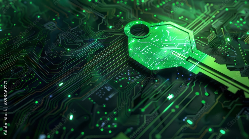 Glowing green digital key on a circuit board background symbolizing secure access technology. 2D Rendering Glowing green digital key on a circuit board background symbolizing secure access technology. 2D Rendering