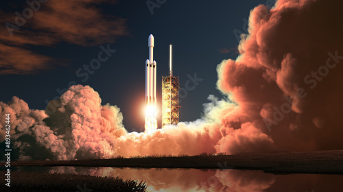 Heavy Rocket Night Launch. 3D Illustration.