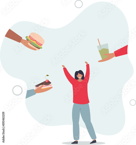 Healthy and unhealthy food. Girl offered vegetables and sweets. Difficult choice between active and sedentary lifestyle,flat design.illustration with people.