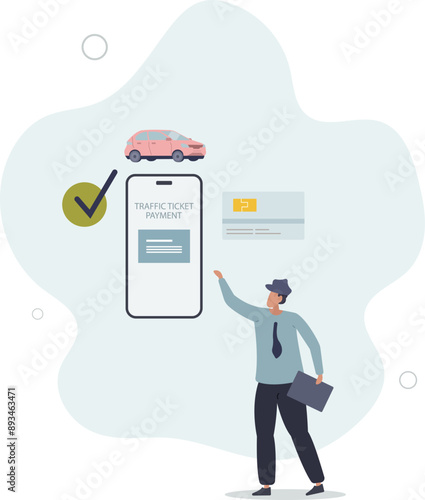 Pay traffic ticket online with bank transaction or credit card.Payment for vehicle driving toll roads infrastructure.flat design.illustration with people.