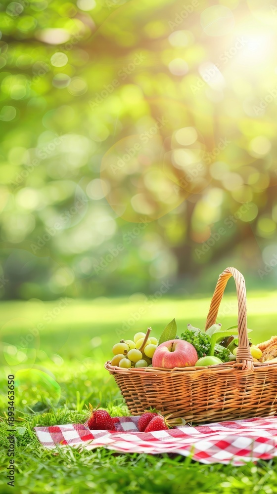 A picnic basket full of food is set out on a grassy lawn. The basket contains a variety of fresh produce, bread, and cheese A picnic basket full of food is set out on a grassy lawn. The basket contains a variety of fresh produce, bread, and cheese