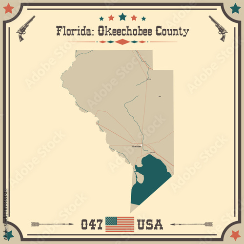 Large and accurate map of Okeechobee County, Florida, USA with vintage colors.
