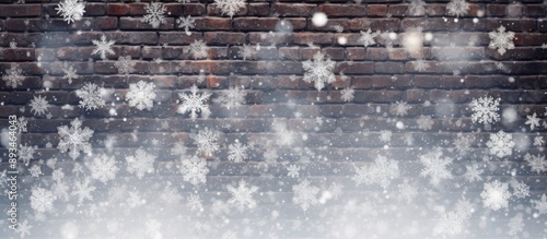 Blurred brick wall texture background with white snowflakes on blank area for text or image inclusion photo