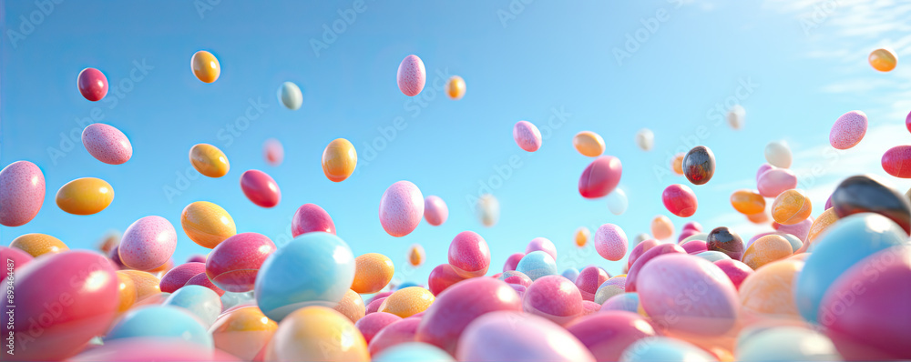 Colored easter eggs fly against blue sky Colored easter eggs fly against blue sky
