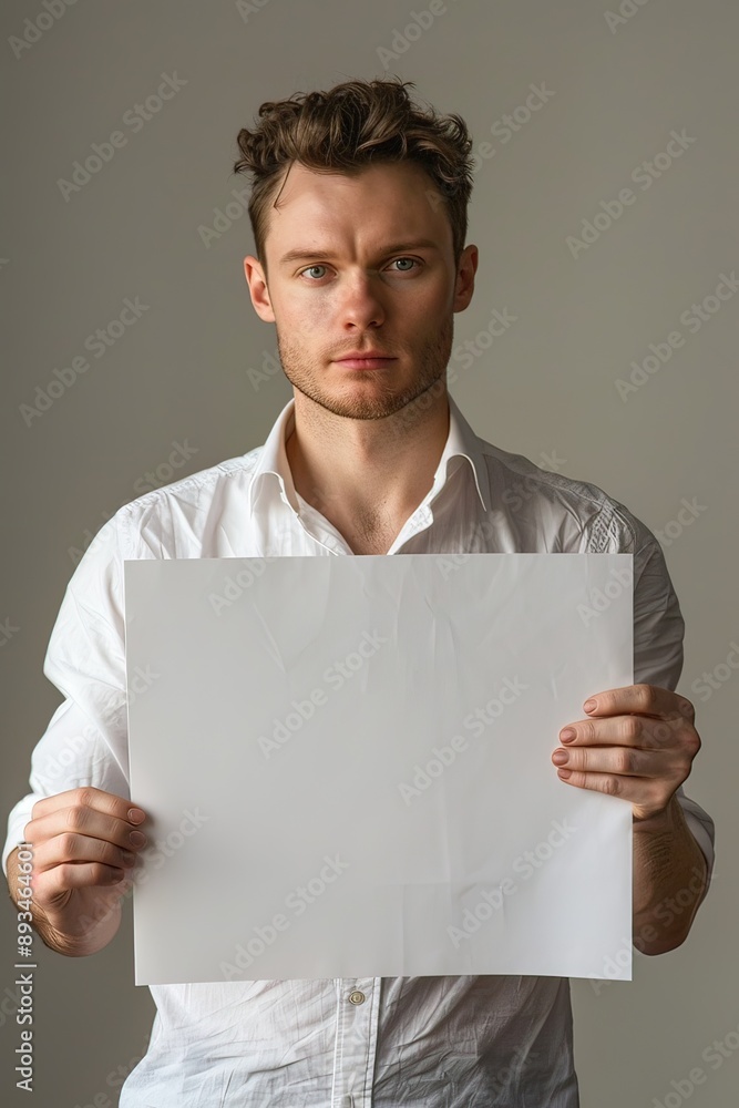 Handsome Man Holding Blank Paper in Front of Chest Handsome Man Holding Blank Paper in Front of Chest