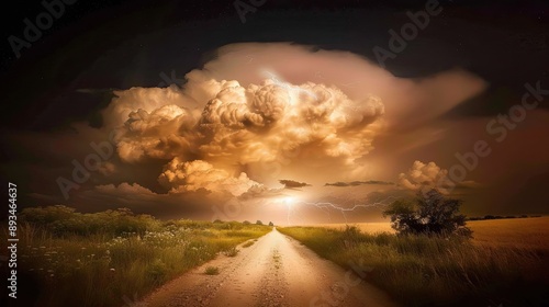 Dark storm clouds gather over a field of tall green grass with a flash of lightning in the distance