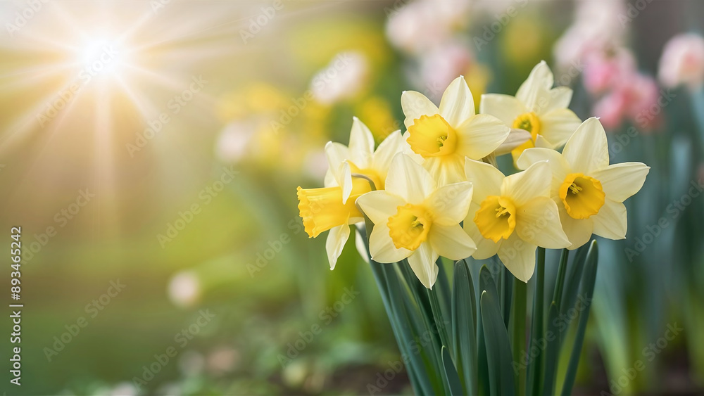 Beautifully composed minimalist image featuring vibrant yellow daffodil flowers in a soft, lush green garden background, evoking a cheerful springtime atmosphere. Beautifully composed minimalist image featuring vibrant yellow daffodil flowers in a soft, lush green garden background, evoking a cheerful springtime atmosphere.