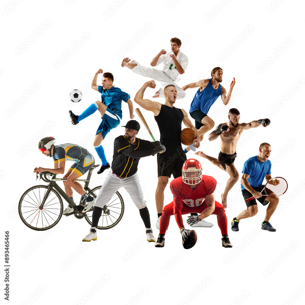 Obraz premium Collage with multiple male athletes of different sports showing skills and determination, in motion isolated on white background. Concept of professional sport, competition, tournament, achievements