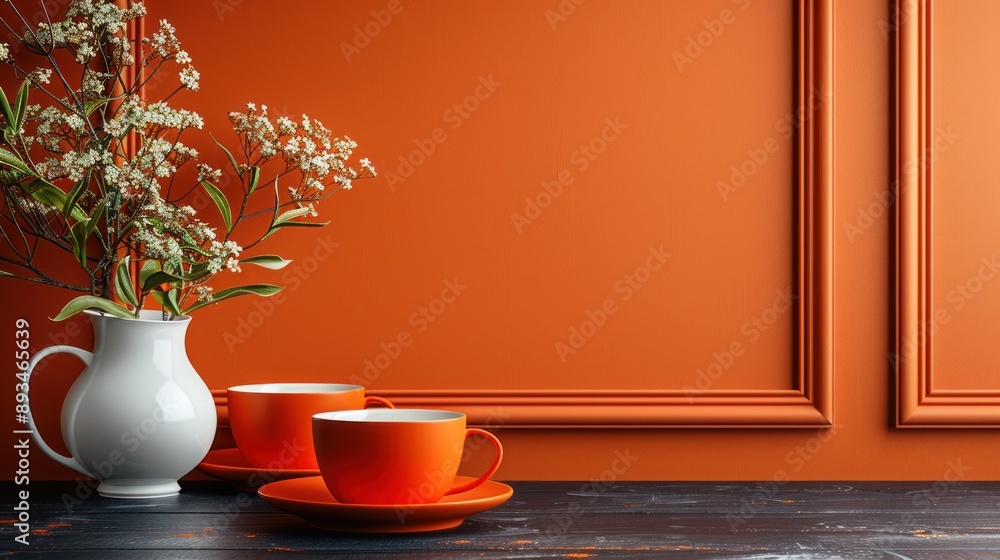 Orange Wall with White Flowers, Two Orange Mugs, and a White Jug Orange Wall with White Flowers, Two Orange Mugs, and a White Jug