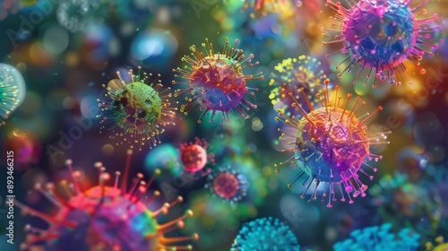 Colorful Viruses under microscope, Dangerous influenza or coronavirus cells for background