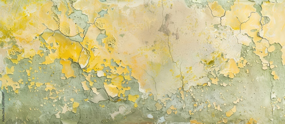 Aged concrete wall embellished with soft pastel hues of paint, showcasing yellow and light green speckles on its cracked stucco texture, providing a copy space image. Aged concrete wall embellished with soft pastel hues of paint, showcasing yellow and light green speckles on its cracked stucco texture, providing a copy space image.
