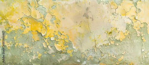 Aged concrete wall embellished with soft pastel hues of paint, showcasing yellow and light green speckles on its cracked stucco texture, providing a copy space image. photo