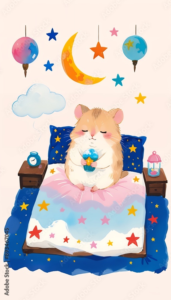 Fototapeta premium hamster in Bed with Night Sky Pillows Fairytale watercolor-style illustrations