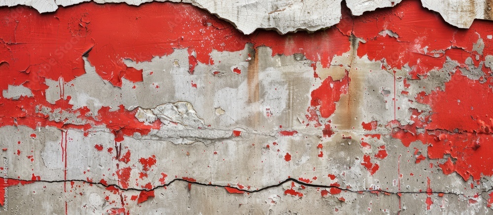Fototapeta premium Old weathered cement wall with red paint peeling off, cracks, and a copy space image.