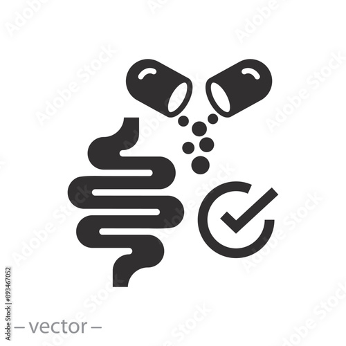 aid intestine icon, probiotics or vitamins, lactobacillus, protection bowel, digestive health, flat vector illustration