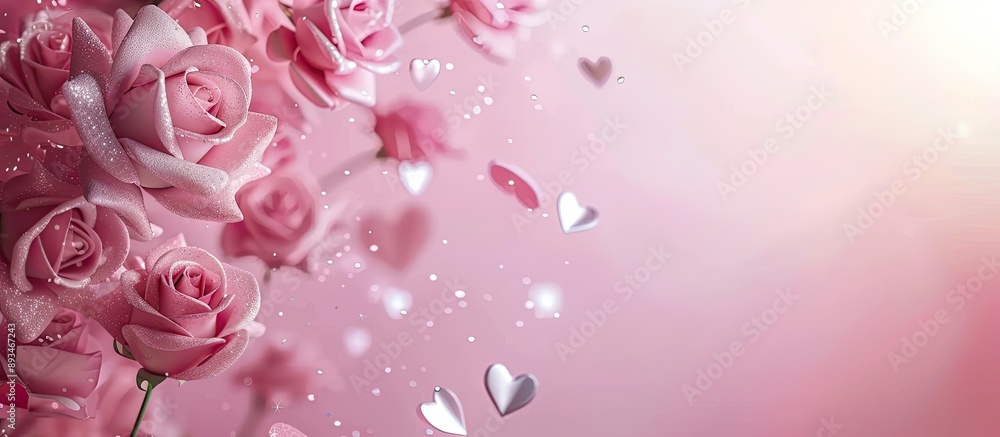 Valentine's Day-themed banner featuring pink background adorned with sparkling silver roses, exuding a feminine touch with a romantic and love-inspired concept. Ideal for copy space image. Valentine's Day-themed banner featuring pink background adorned with sparkling silver roses, exuding a feminine touch with a romantic and love-inspired concept. Ideal for copy space image.