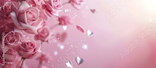 Valentine's Day-themed banner featuring pink background adorned with sparkling silver roses, exuding a feminine touch with a romantic and love-inspired concept. Ideal for copy space image.