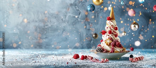 Christmas tree cone-shaped dessert displayed on a concrete background with room for text or other design elements, creating a festive and delicious New Year's concept. photo