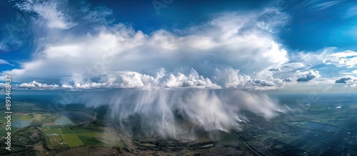 A drone captures an approaching atmospheric front with thunderstorms, rain, hail, and squally wind against a blue sky with white clouds, creating a dramatic copy space image.